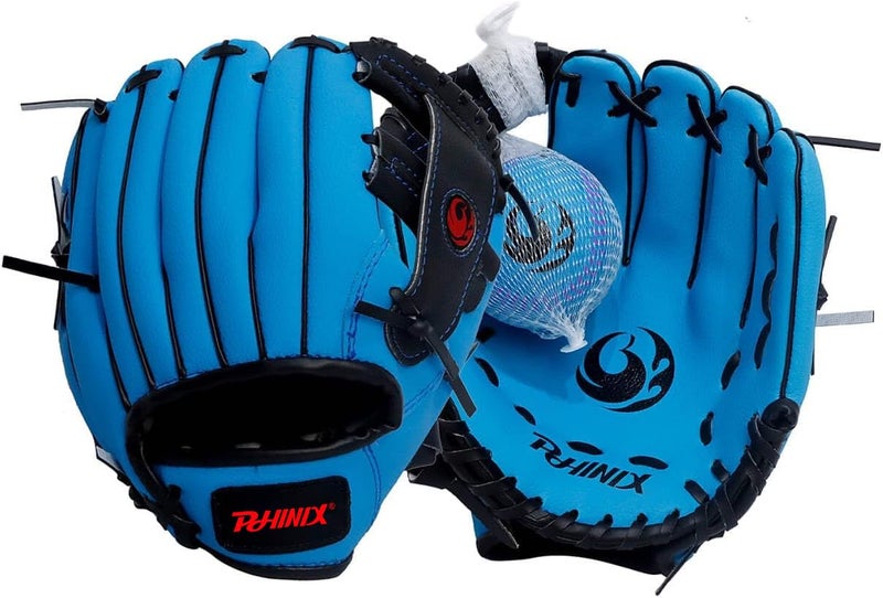 PHINIX 10" Baseball Glove Tee Ball Mitts and Foam Ball for Kids Beginner Play Training Right Hand Throw Blue - Image 1